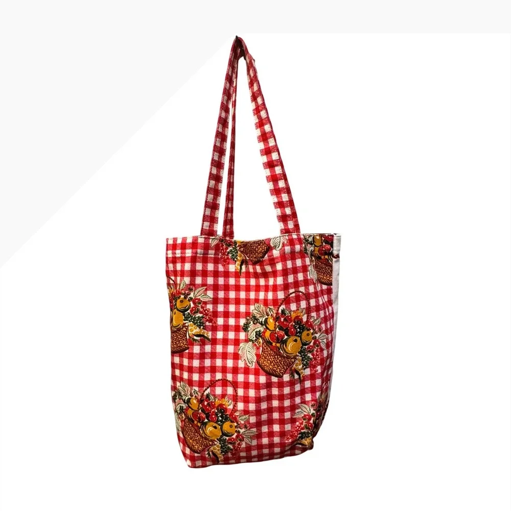Tory Burch Fruits Du Marche Canvas Tote Bag Red Gingham French Market Bag